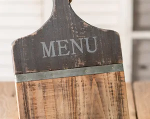 Rustic brown wooden 'Menu' tablet holder