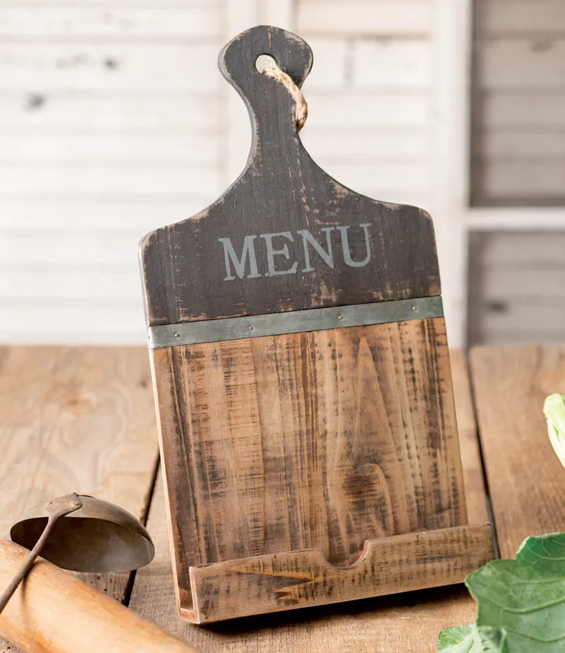 Rustic brown wooden 'Menu' tablet holder