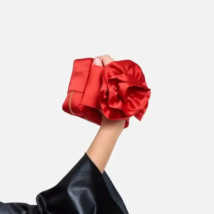 Satin Red Rose Shaped Clutch Bag
