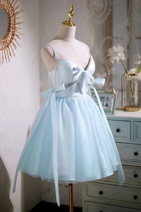 Sky Blue Spaghetti Straps Party Dress, Cute A Line Tulle Homecoming Dress APH0252