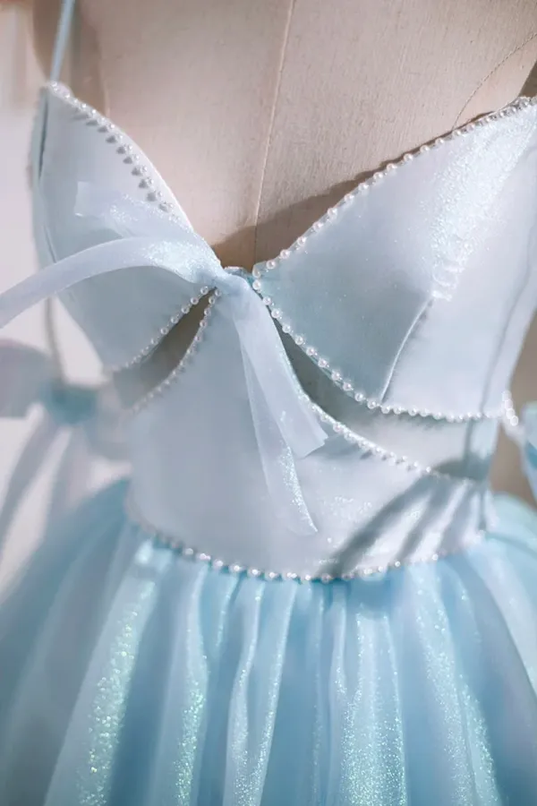 Sky Blue Spaghetti Straps Party Dress, Cute A Line Tulle Homecoming Dress APH0252