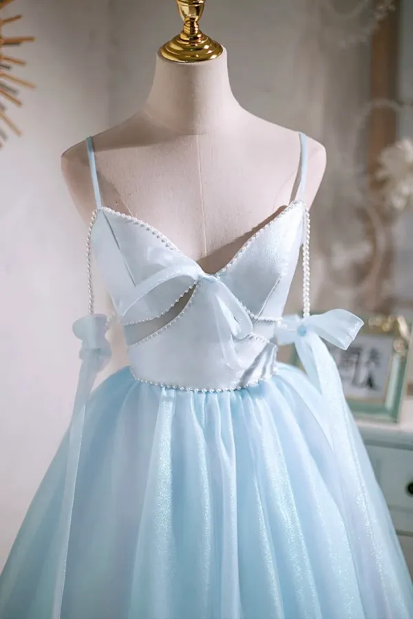 Sky Blue Spaghetti Straps Party Dress, Cute A Line Tulle Homecoming Dress APH0252