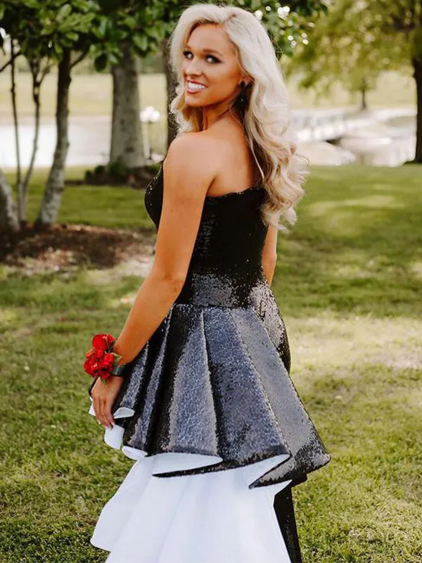 Sparkly Black V-neck Mermaid Long White Added Pleats Prom Dress, PD3215