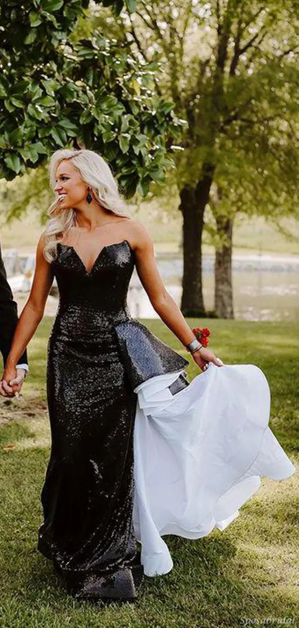 Sparkly Black V-neck Mermaid Long White Added Pleats Prom Dress, PD3215