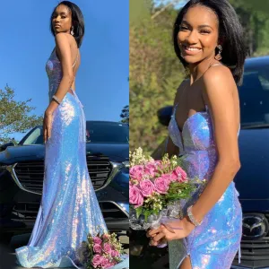 Sparkly Blue Spaghetti Strap Split Side Sequins Mermaid Prom Dress, PD3004
