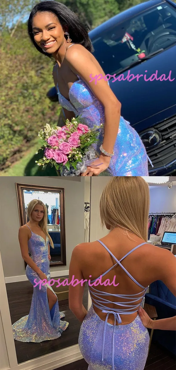 Sparkly Blue Spaghetti Strap Split Side Sequins Mermaid Prom Dress, PD3004