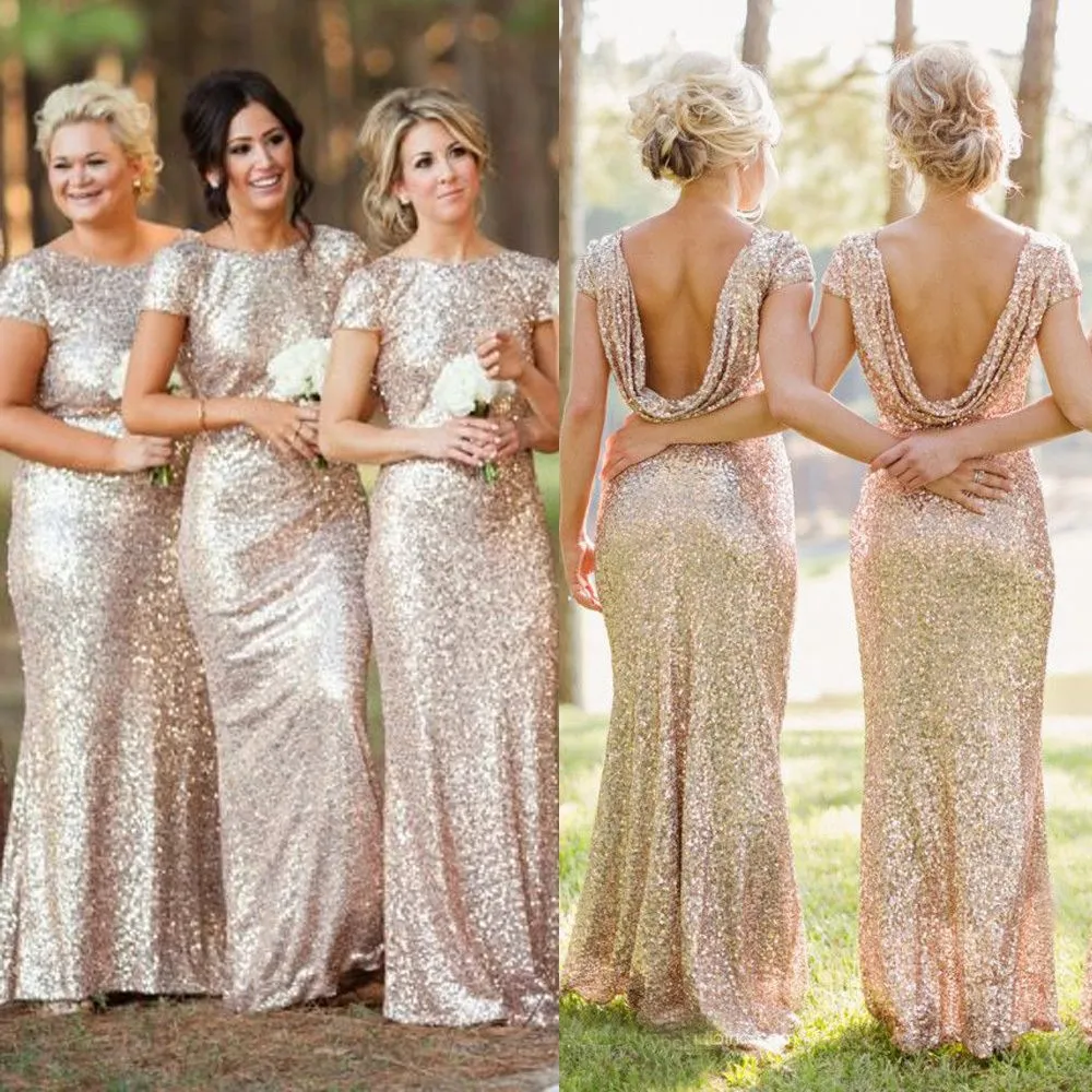 Sparkly Elegant Mermaid Champagne Cap-sleeve Long Bridesmaid Dresses, WG04