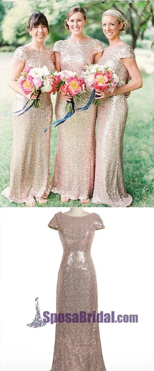 Sparkly Elegant Mermaid Champagne Cap-sleeve Long Bridesmaid Dresses, WG04