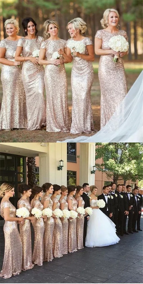 Sparkly Elegant Mermaid Champagne Cap-sleeve Long Bridesmaid Dresses, WG04