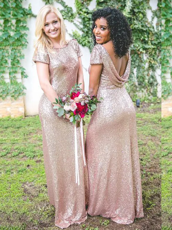 Sparkly Elegant Mermaid Champagne Cap-sleeve Long Bridesmaid Dresses, WG04