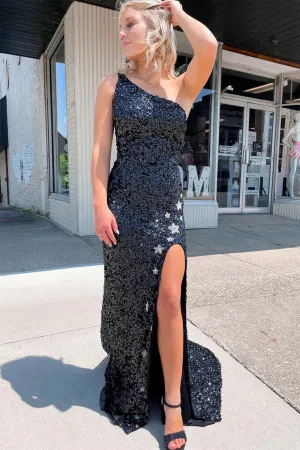 Sparkly Mermaid One Shoulder Black Sequins Prom Dresses with Stars