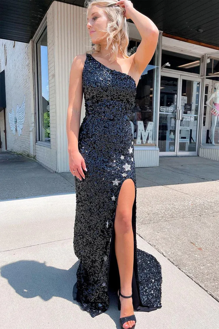 Sparkly Mermaid One Shoulder Black Sequins Prom Dresses with Stars