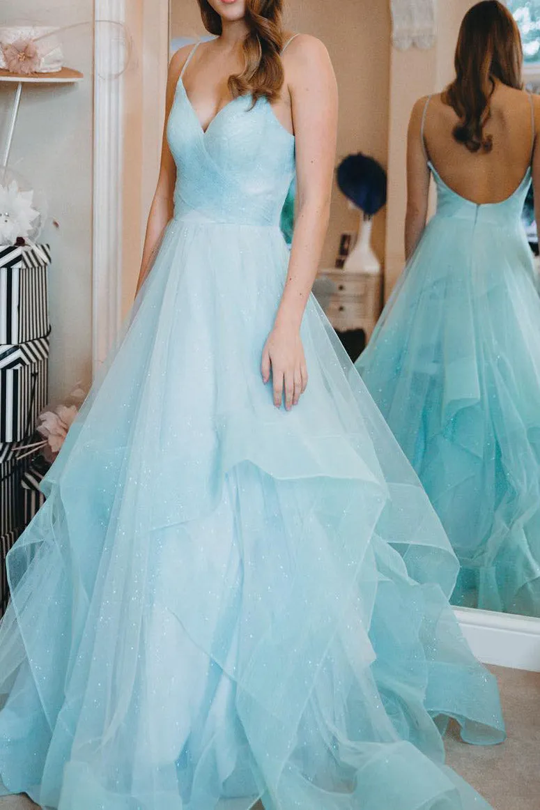 Sparkly Spaghetti Strap Open Back Ruffles Long Prom Dress OHC144