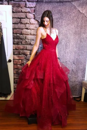 Sparkly Spaghetti Strap Open Back Ruffles Long Prom Dress OHC144