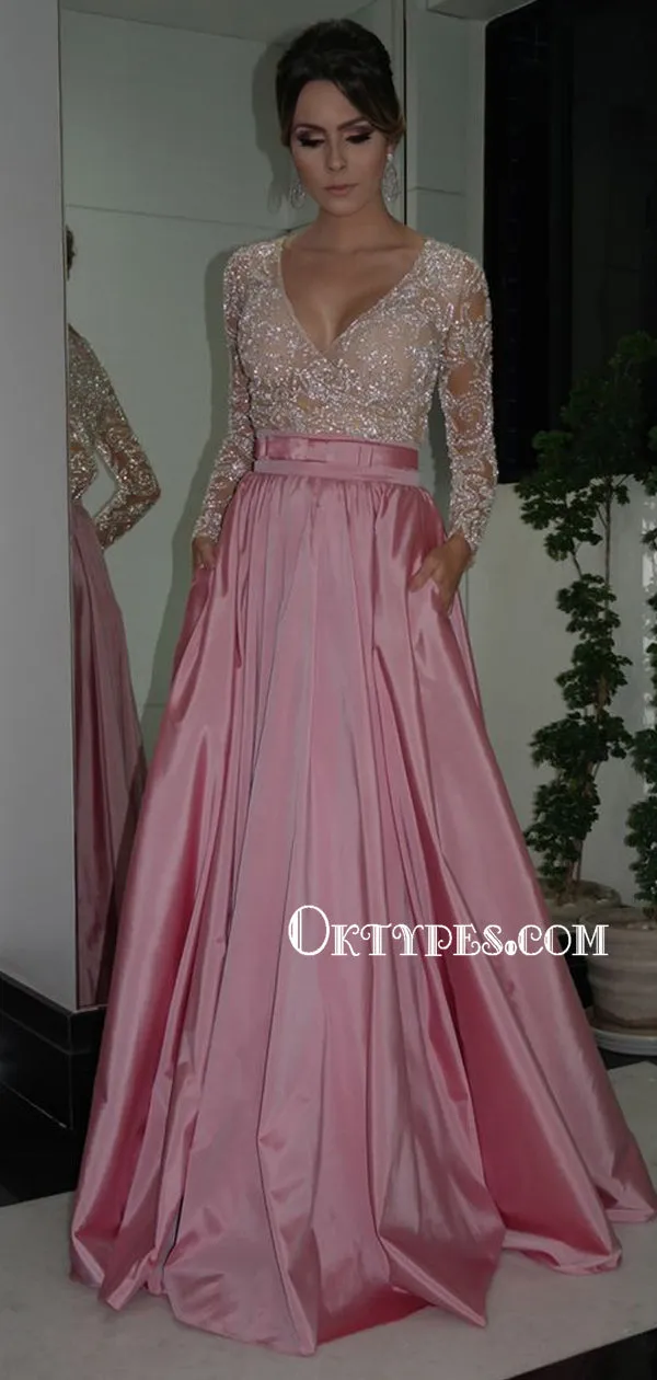 Sparkly V-neck A-line Long Sleeve Beads Prom Dresses, PDS0286