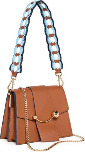 Strathberry Tan Leather Box Crescent shoulder bag with crochet strap
