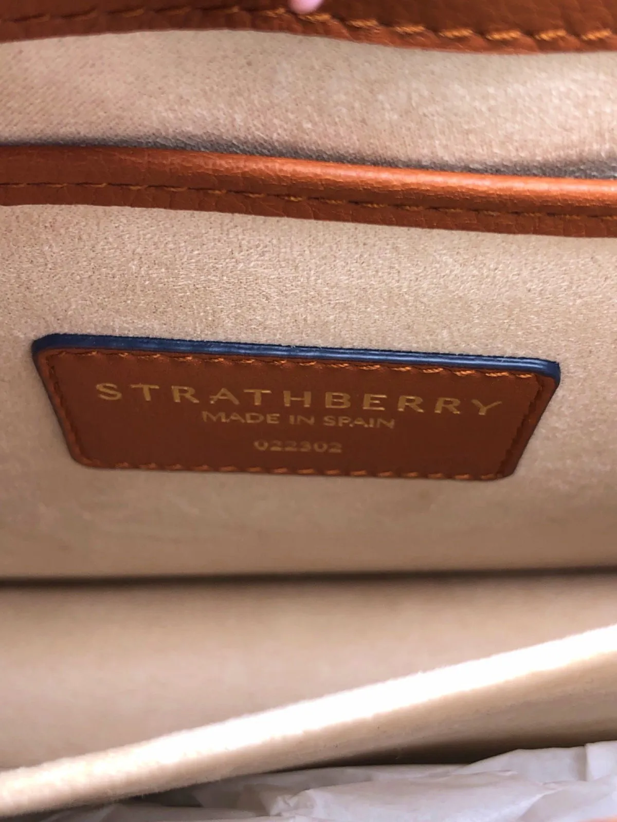 Strathberry Tan Leather Box Crescent shoulder bag with crochet strap
