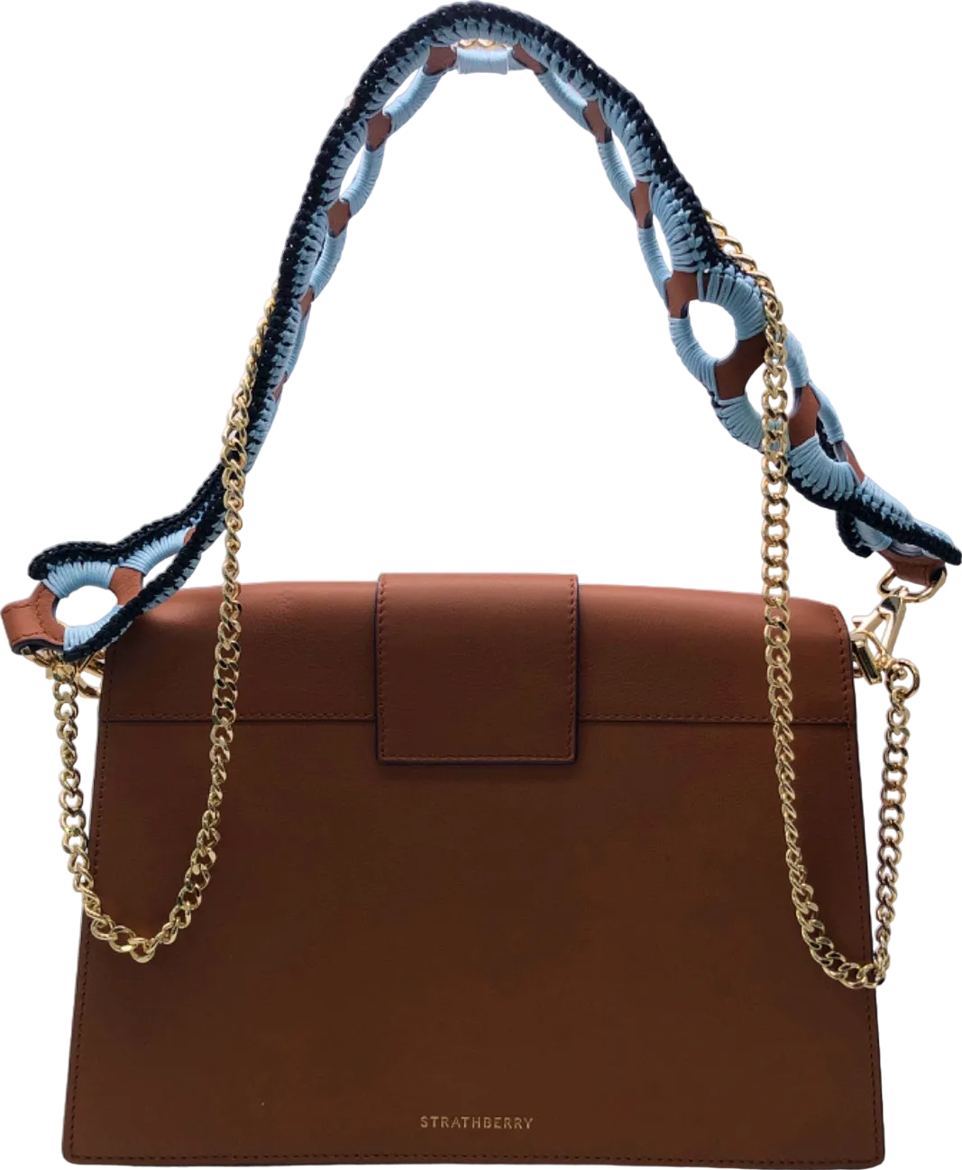 Strathberry Tan Leather Box Crescent shoulder bag with crochet strap