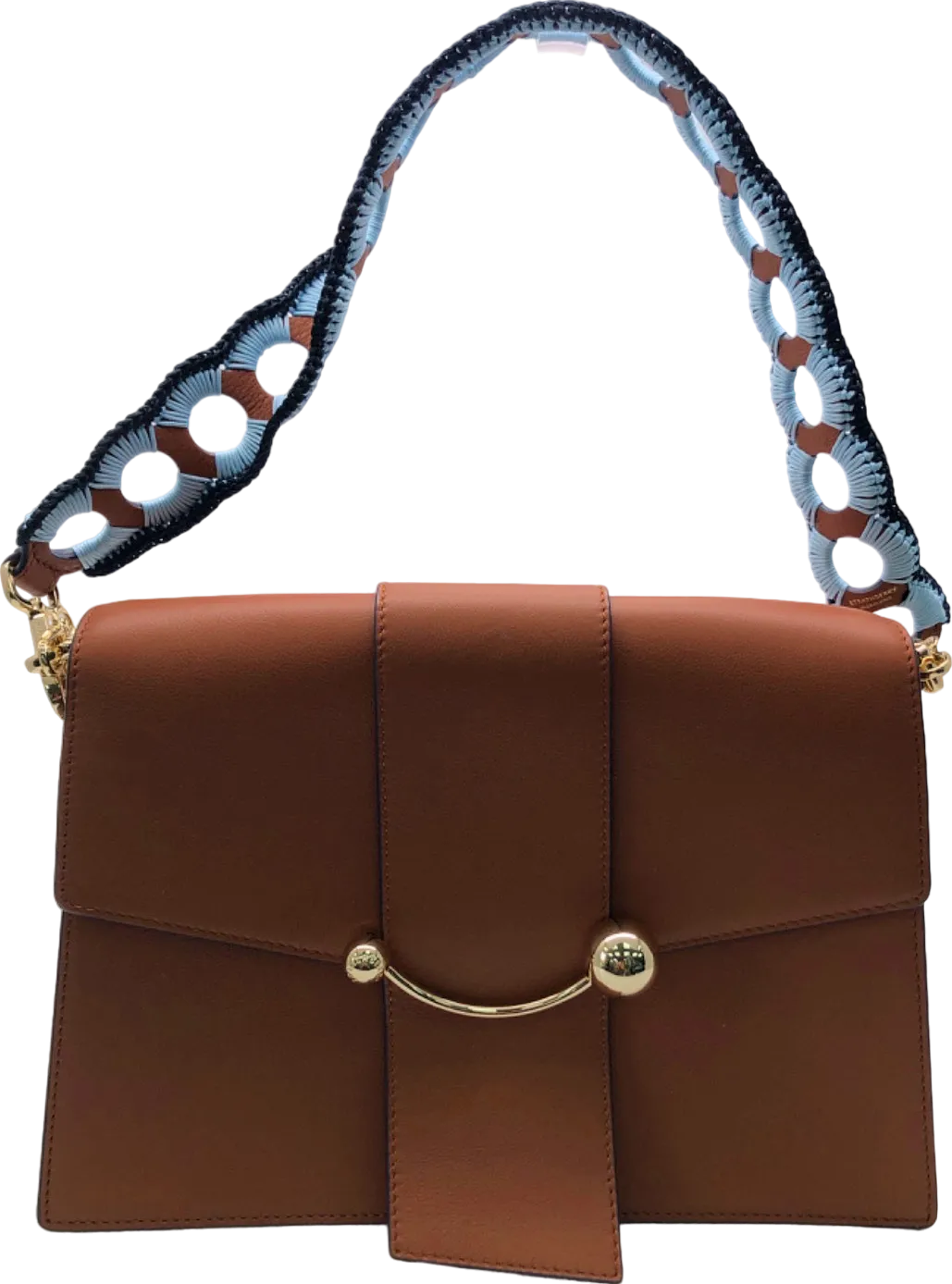 Strathberry Tan Leather Box Crescent shoulder bag with crochet strap