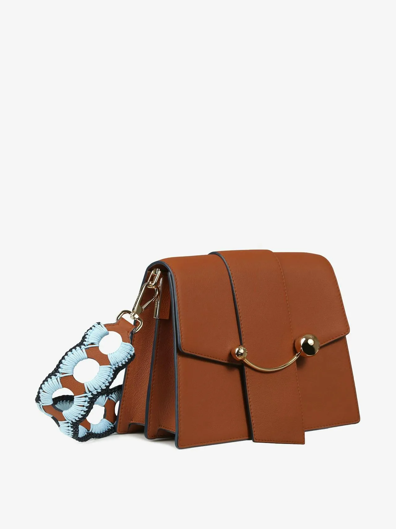 Strathberry Tan Leather Box Crescent shoulder bag with crochet strap