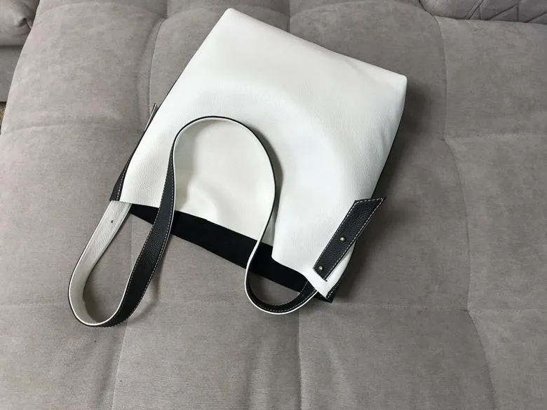Stylish White Black Leather Tote Bag Shoulder Tote Bag Crossbody Tote Purse For Women