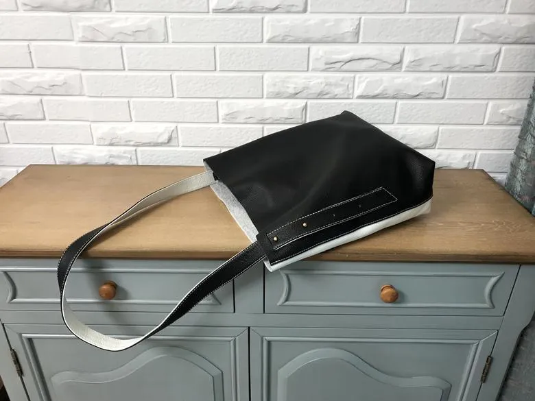 Stylish White Black Leather Tote Bag Shoulder Tote Bag Crossbody Tote Purse For Women