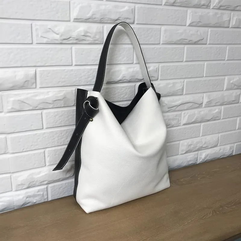 Stylish White Black Leather Tote Bag Shoulder Tote Bag Crossbody Tote Purse For Women