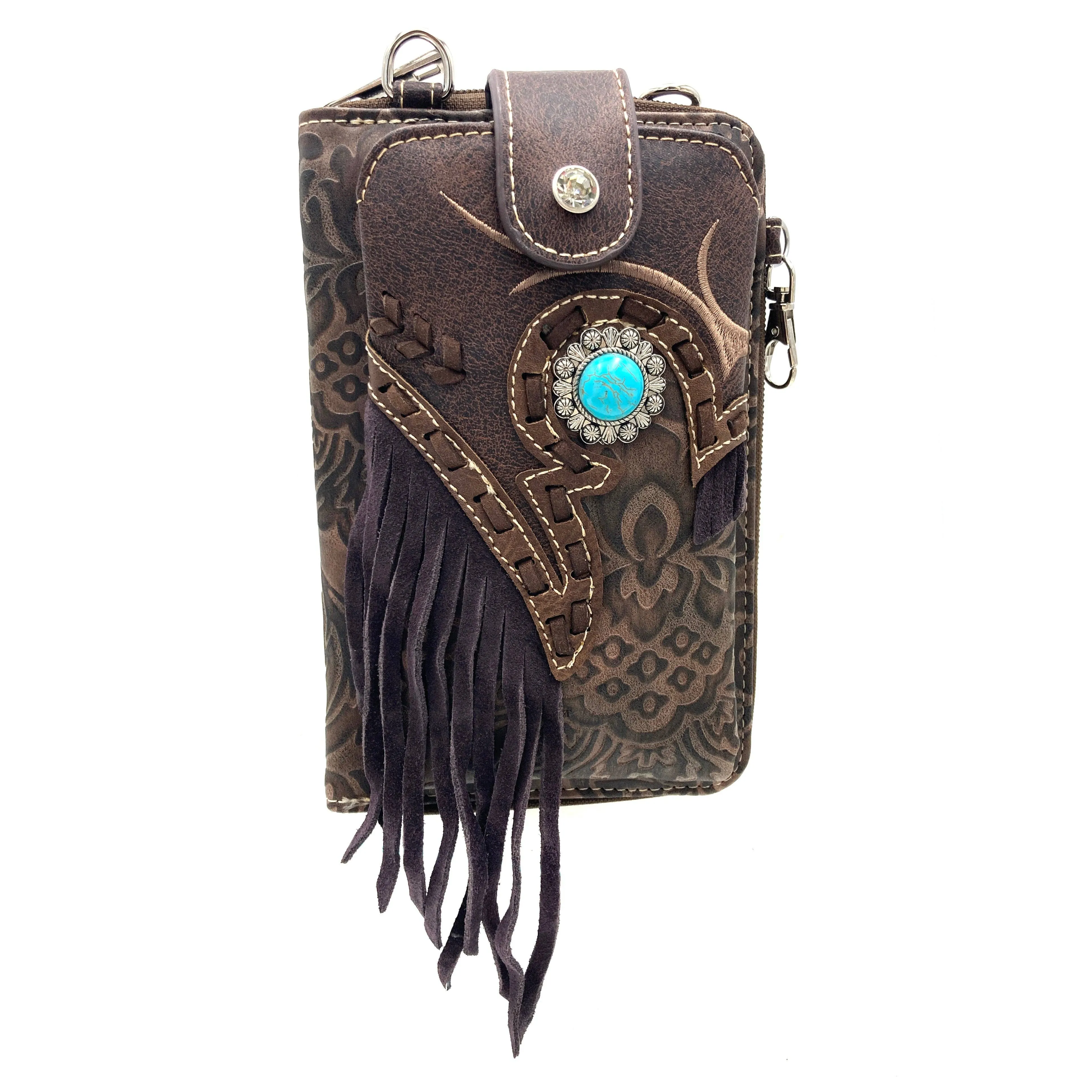 Turquoise Concho Fringe Crossbody Western Phone Wallet