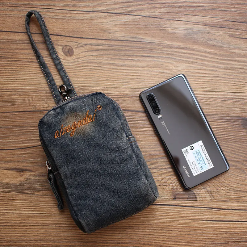 Vintage Womens Black Denim Mini Card Pouch Denim Small Phone Purse with Wristlet for Women