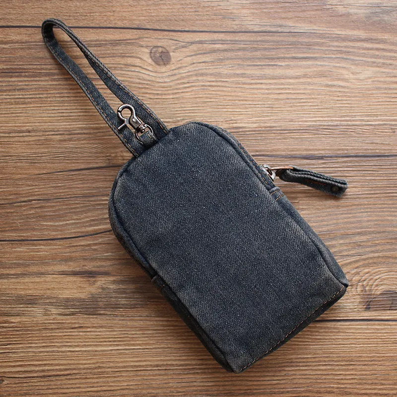 Vintage Womens Black Denim Mini Card Pouch Denim Small Phone Purse with Wristlet for Women
