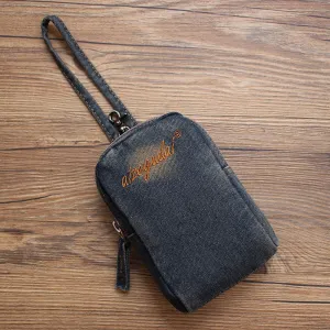 Vintage Womens Black Denim Mini Card Pouch Denim Small Phone Purse with Wristlet for Women