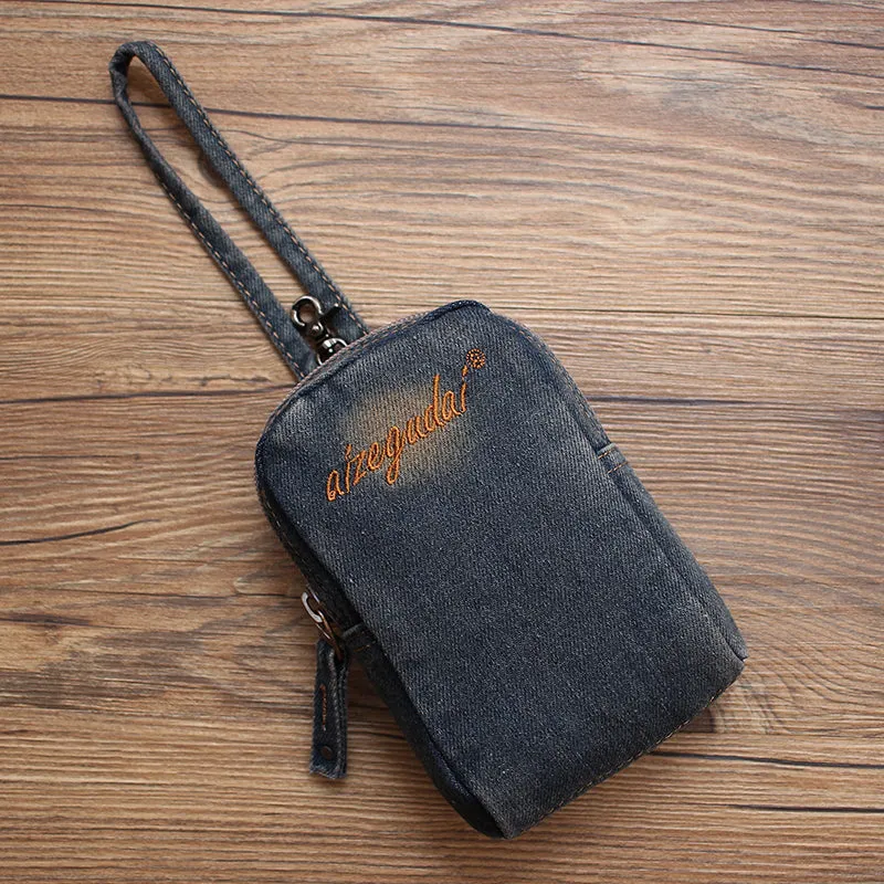 Vintage Womens Black Denim Mini Card Pouch Denim Small Phone Purse with Wristlet for Women