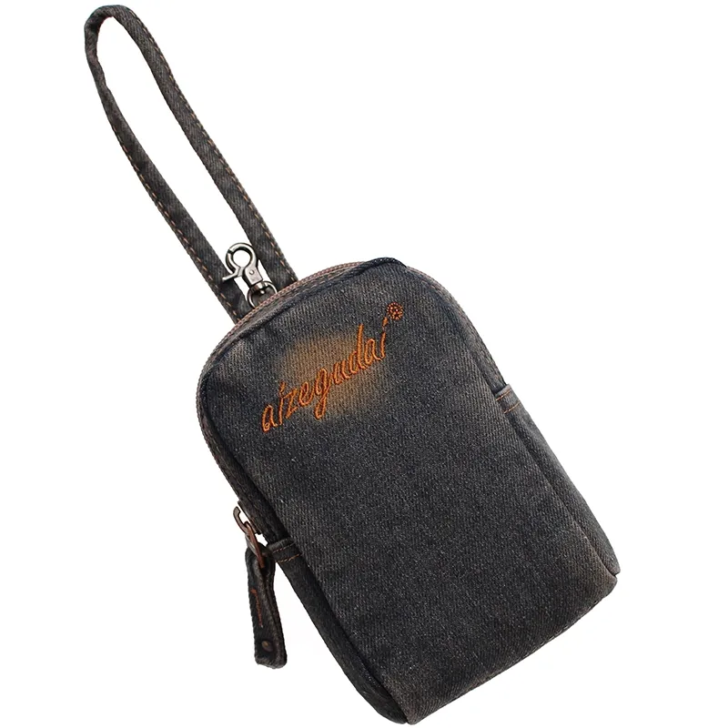 Vintage Womens Black Denim Mini Card Pouch Denim Small Phone Purse with Wristlet for Women