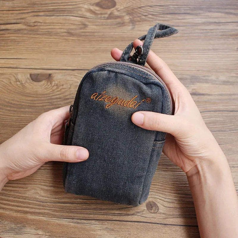 Vintage Womens Black Denim Mini Card Pouch Denim Small Phone Purse with Wristlet for Women