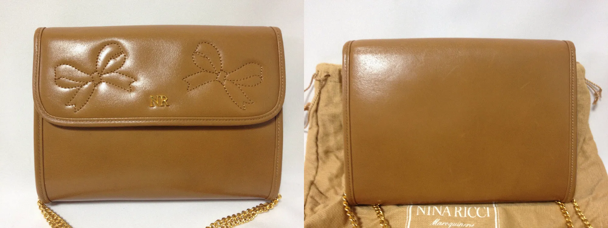 W3. Vintage Nina Ricci tanned brown leather mini clutch shoulder bag with golden chain and ribbon motif stitch marks. 050327re5