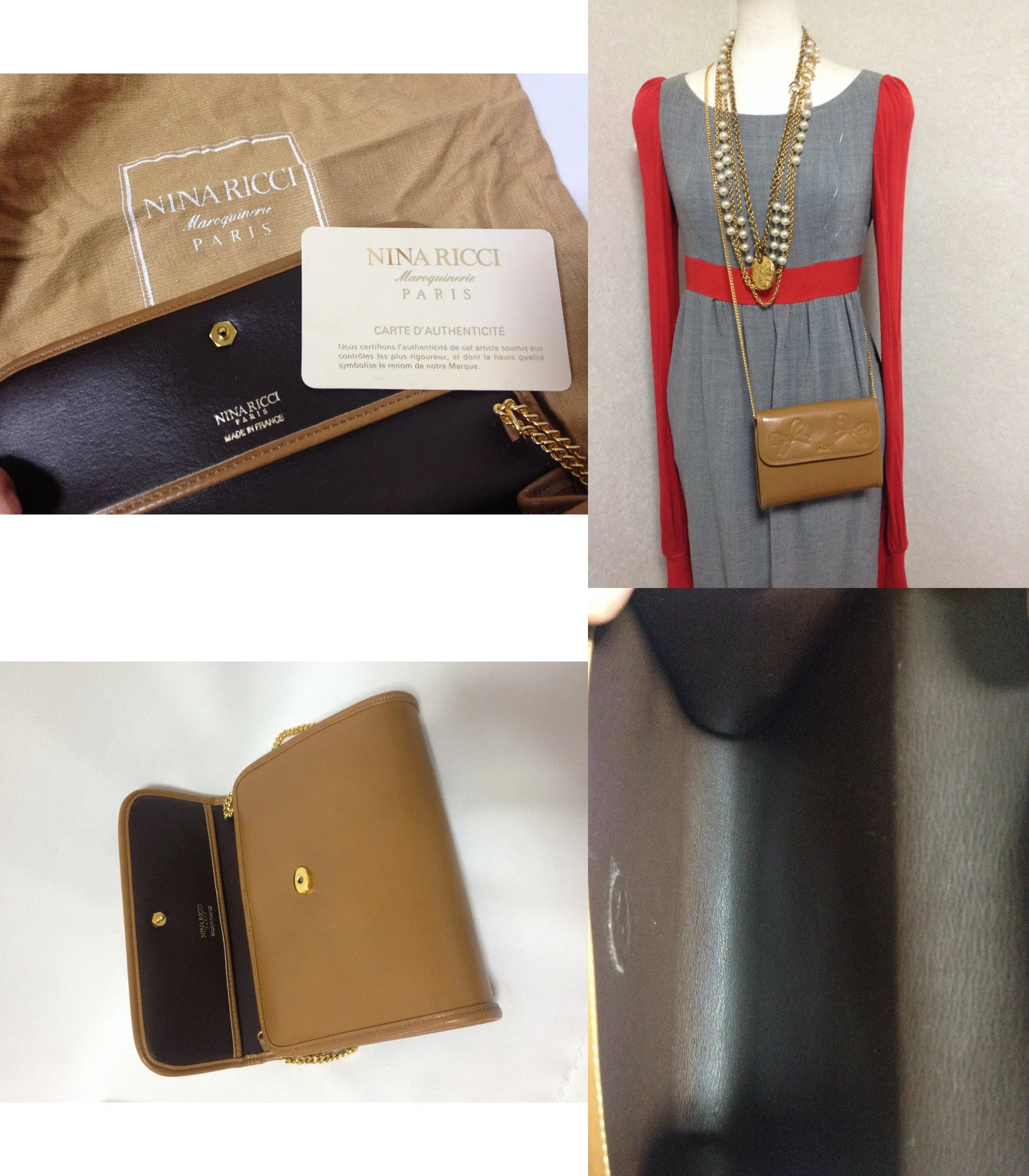 W3. Vintage Nina Ricci tanned brown leather mini clutch shoulder bag with golden chain and ribbon motif stitch marks. 050327re5