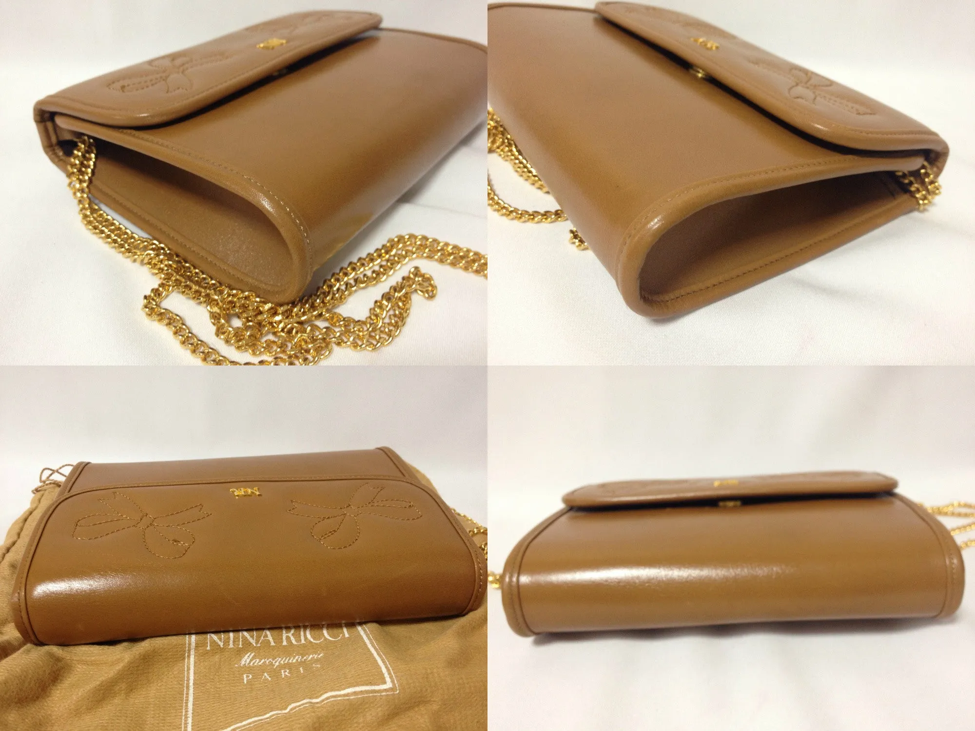 W3. Vintage Nina Ricci tanned brown leather mini clutch shoulder bag with golden chain and ribbon motif stitch marks. 050327re5
