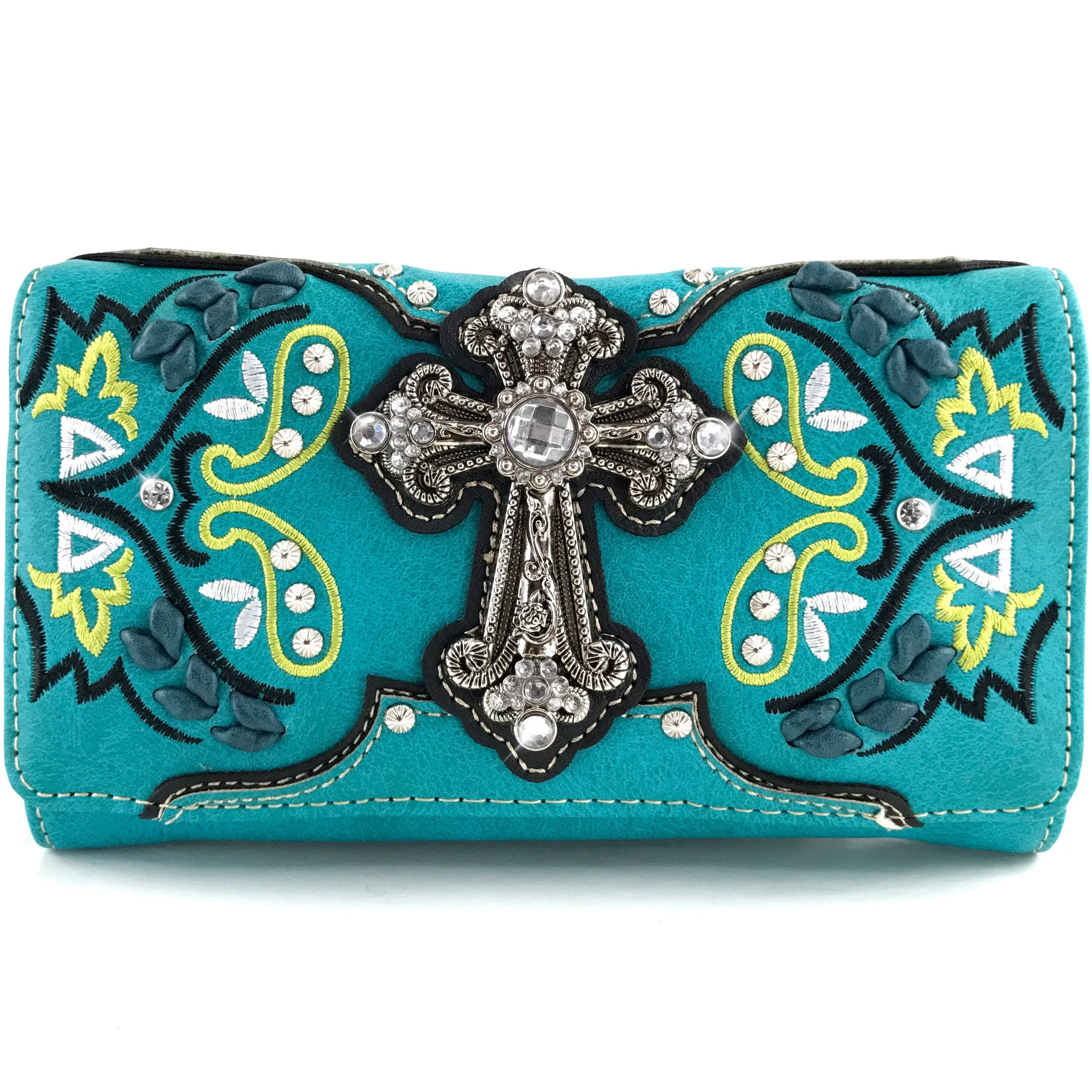 Western Peak Turquoise Yellow Silver Cross Floral Embroidered Concealed Carry Trifold Wallet