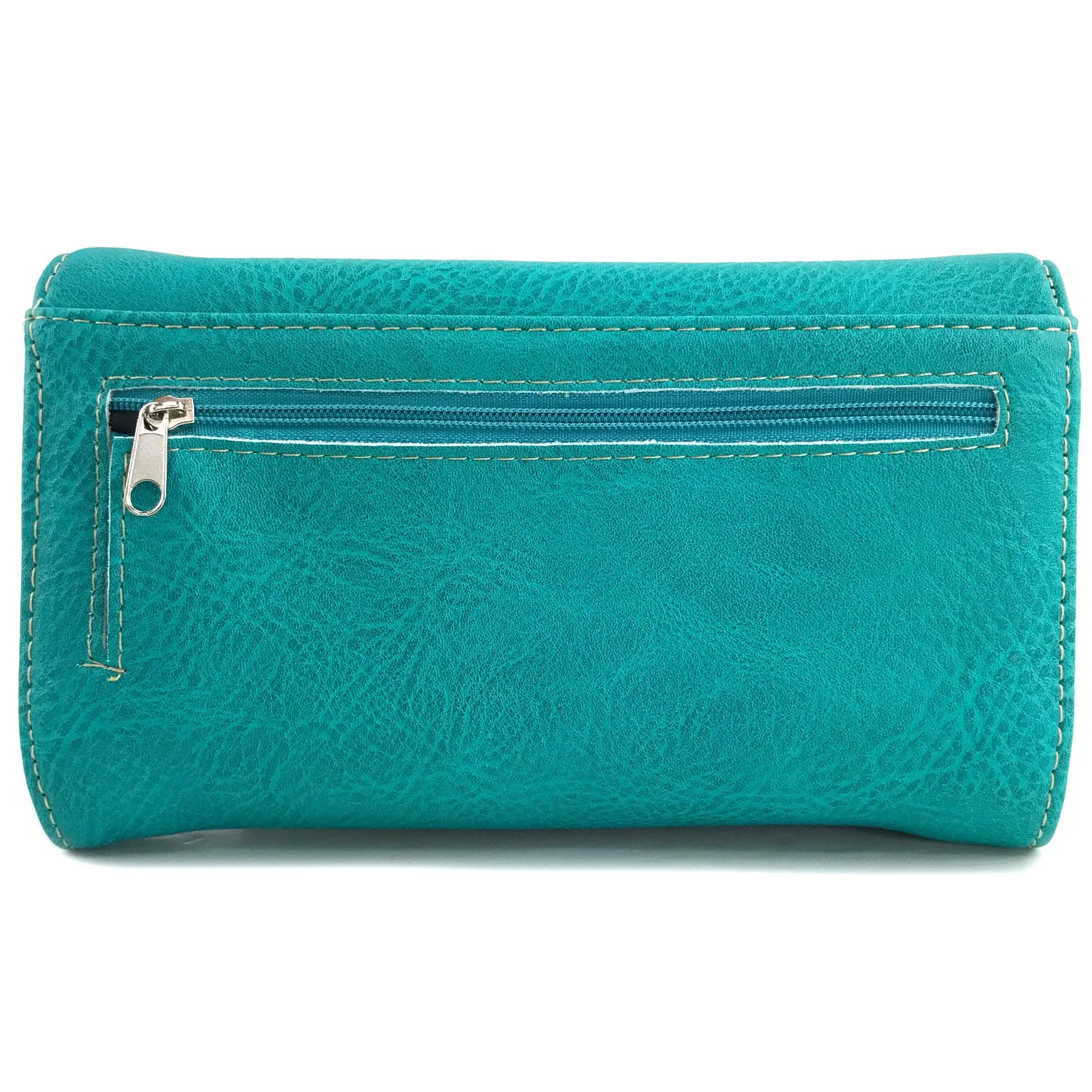 Western Peak Turquoise Yellow Silver Cross Floral Embroidered Concealed Carry Trifold Wallet