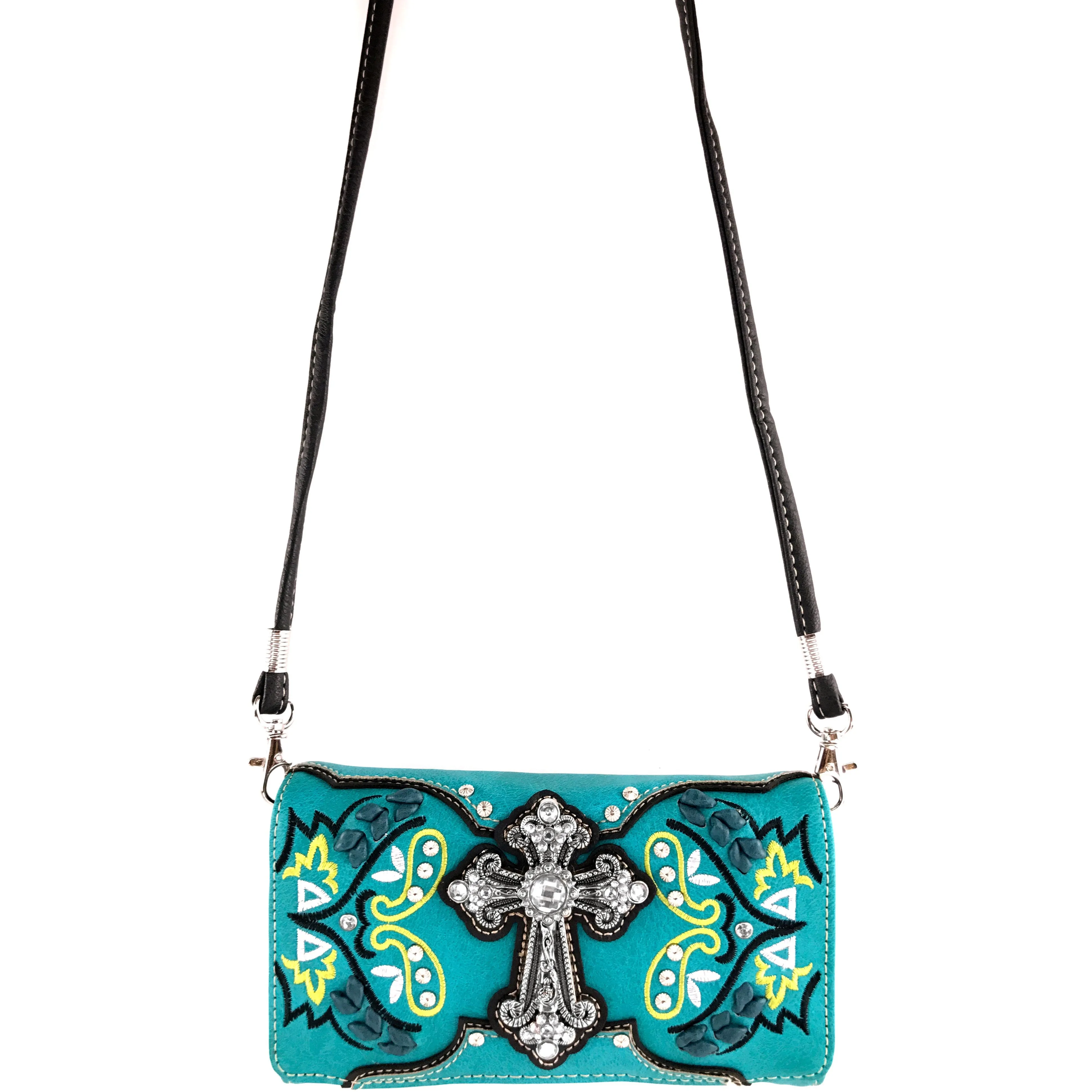 Western Peak Turquoise Yellow Silver Cross Floral Embroidered Concealed Carry Trifold Wallet