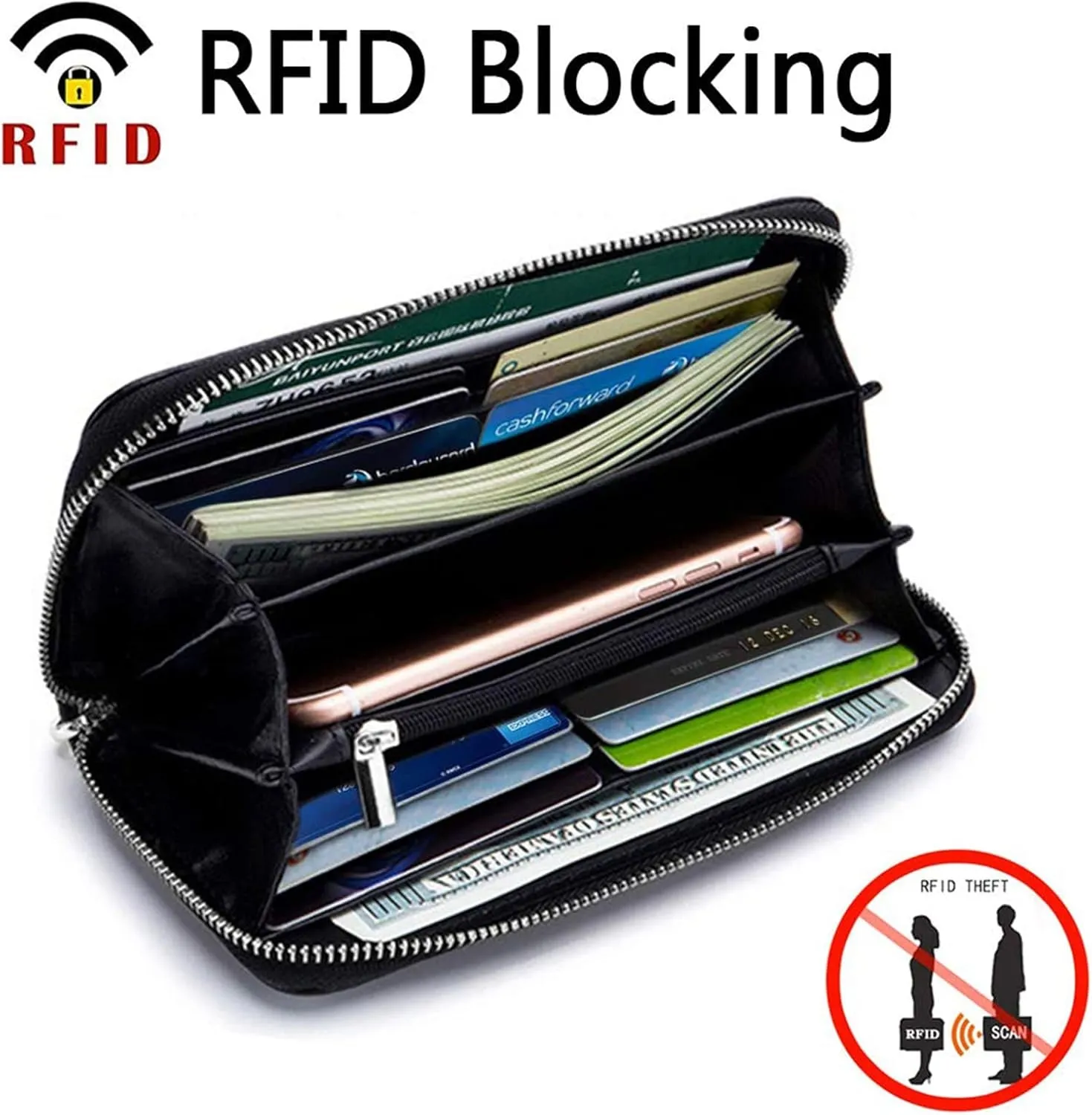 Womens RFID Blocking Genuine Leather Clutch, Wristlet Wallet for Travel