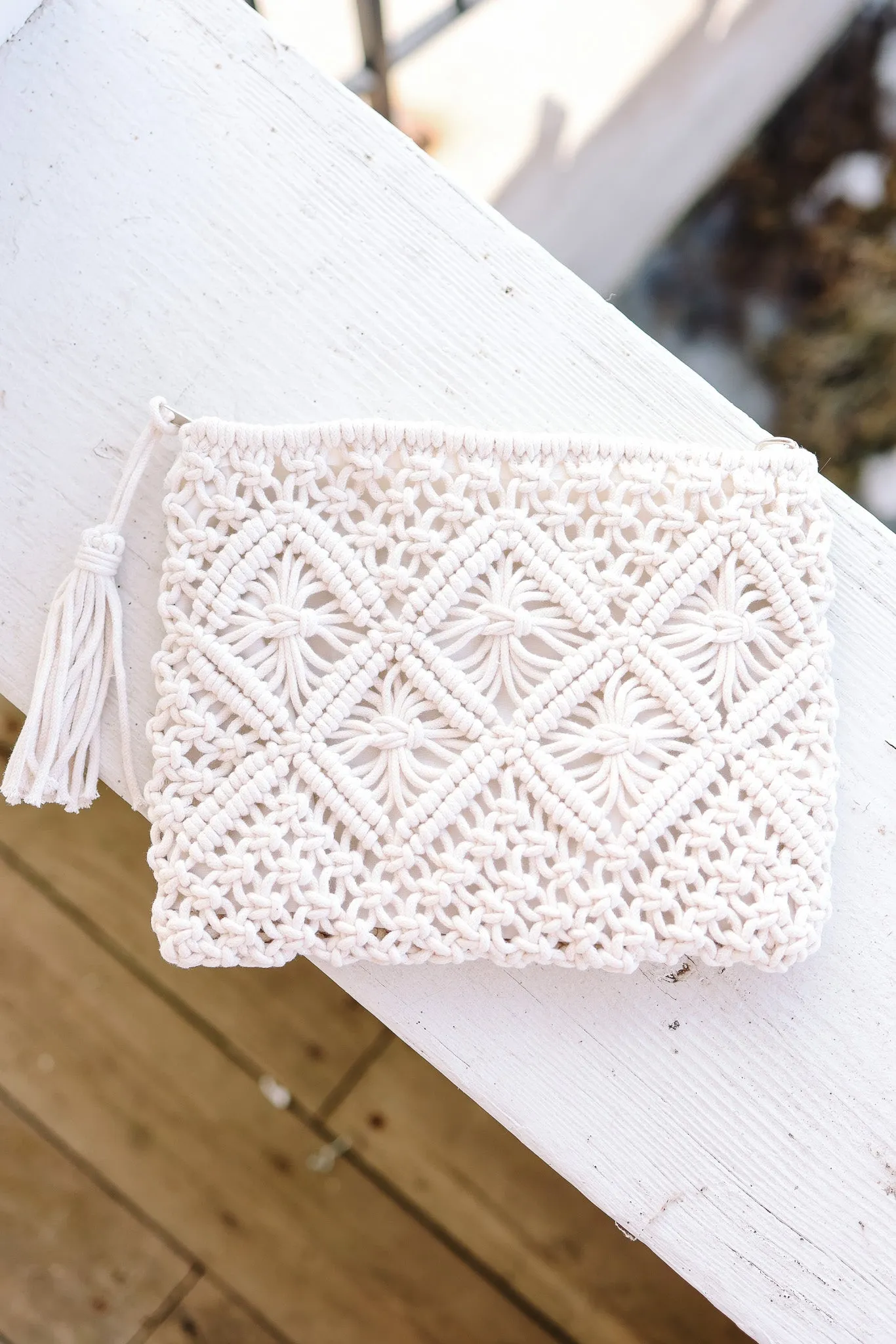 Woven Bohemian Tassel Crochet Clutch - Ivory