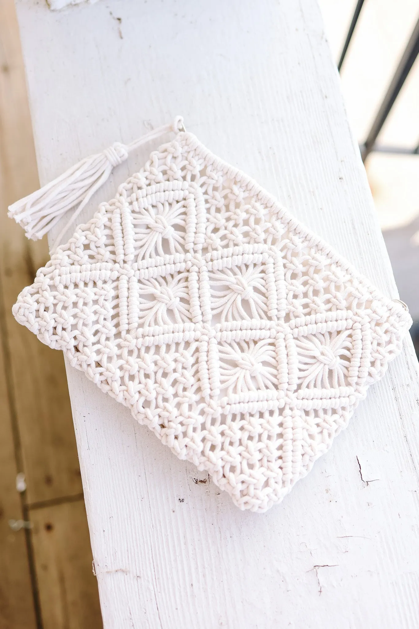 Woven Bohemian Tassel Crochet Clutch - Ivory