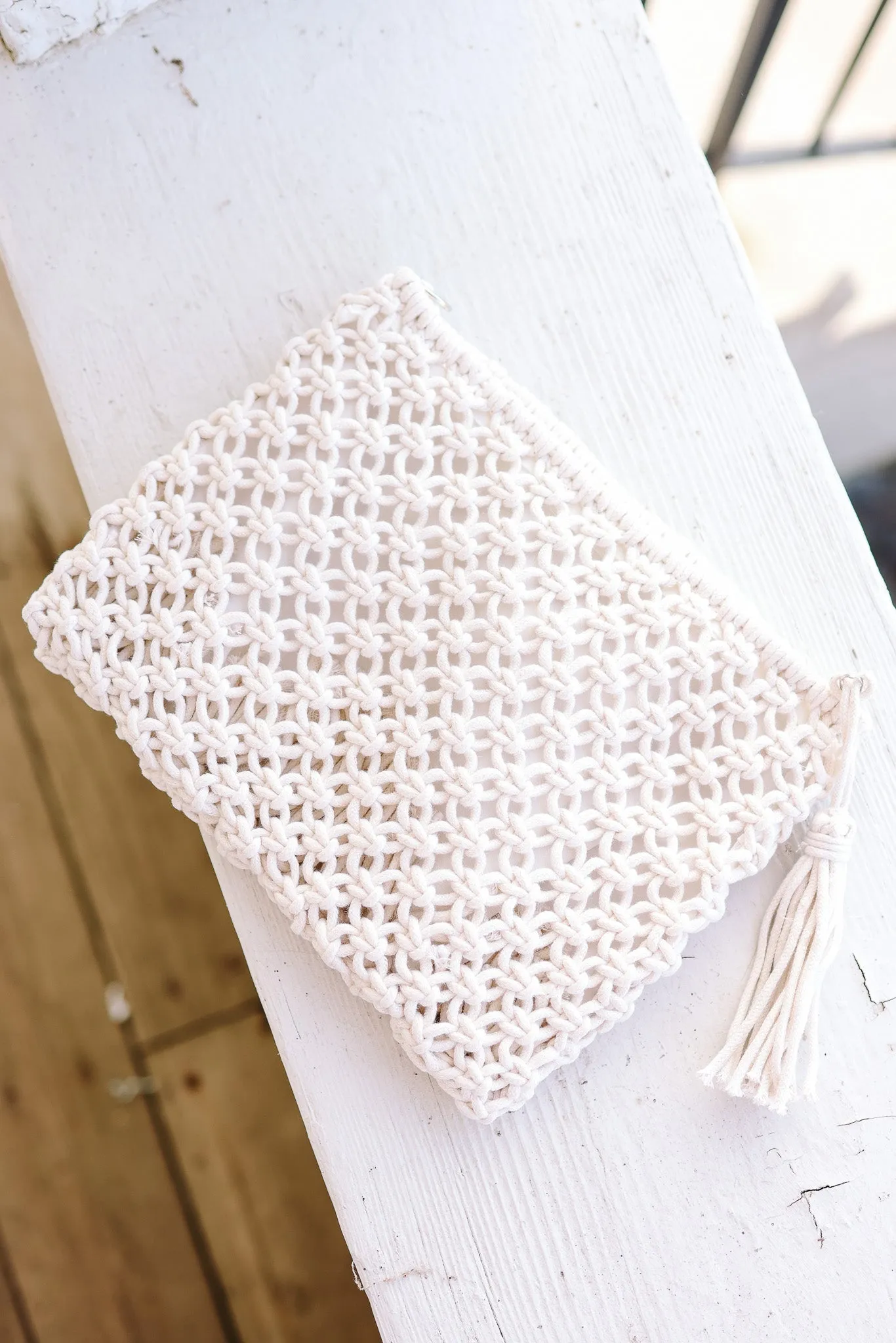 Woven Bohemian Tassel Crochet Clutch - Ivory