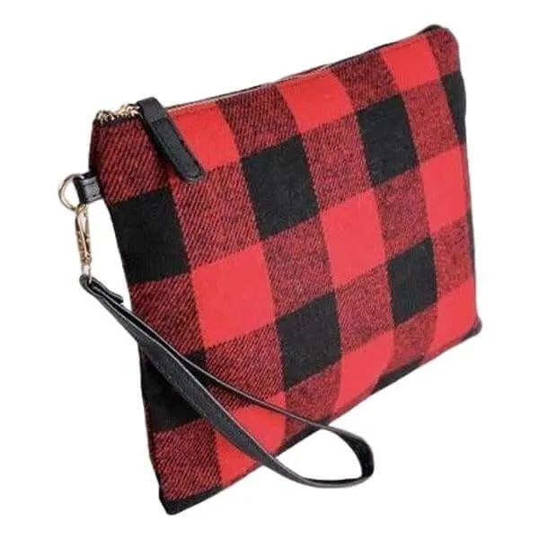 Woven red plaid zipper clutch with removable wrist strap