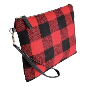 Woven red plaid zipper clutch with removable wrist strap